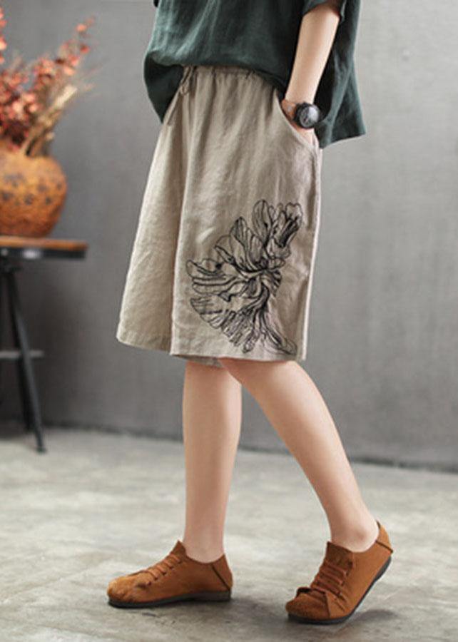 Art Chocolate Embroideried Tie Waist Linen Hot Pants