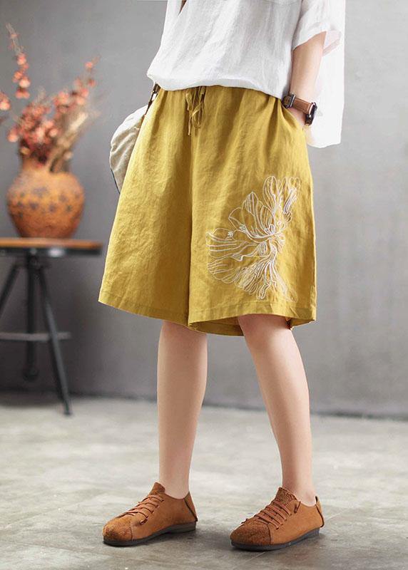 Art Chocolate Embroideried Tie Waist Linen Hot Pants