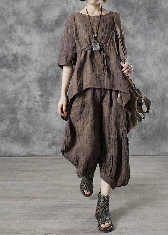 Art Chocolate Tie Waist Wrinkled Fall Tops Half Sleeve