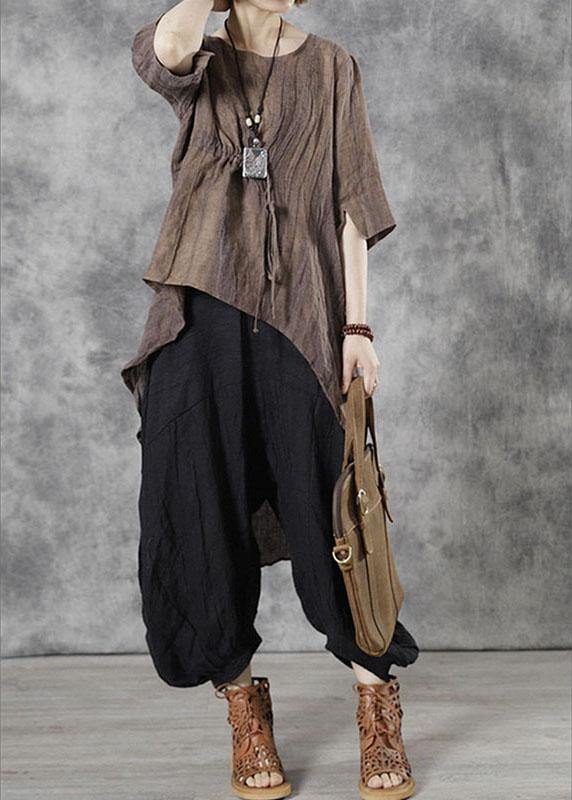 Art Chocolate Tie Waist Wrinkled Fall Tops Half Sleeve
