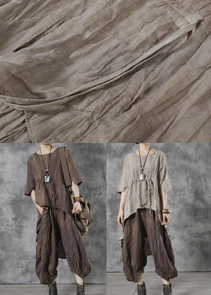 Art Chocolate Tie Waist Wrinkled Fall Tops Half Sleeve