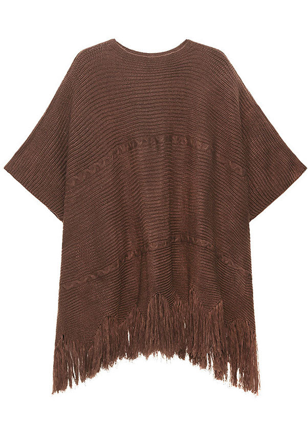Art Chocolate Tasseled Asymmetrical Design Loose Fall Knit Dress