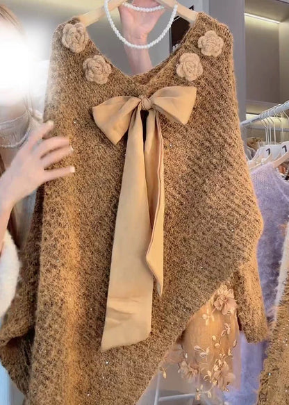 Art Coffee Bow Knit Sweater Batwing Sleeve