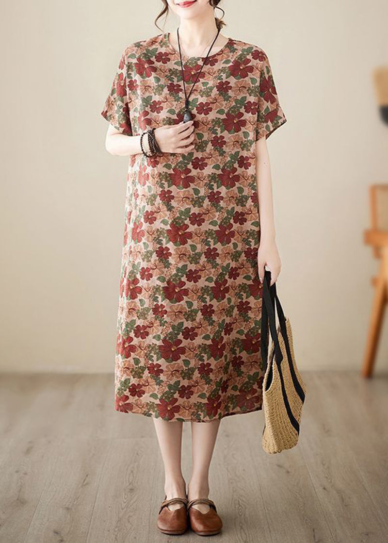 Art Coffee O-neck Print Cotton Dresses Short Sleeve