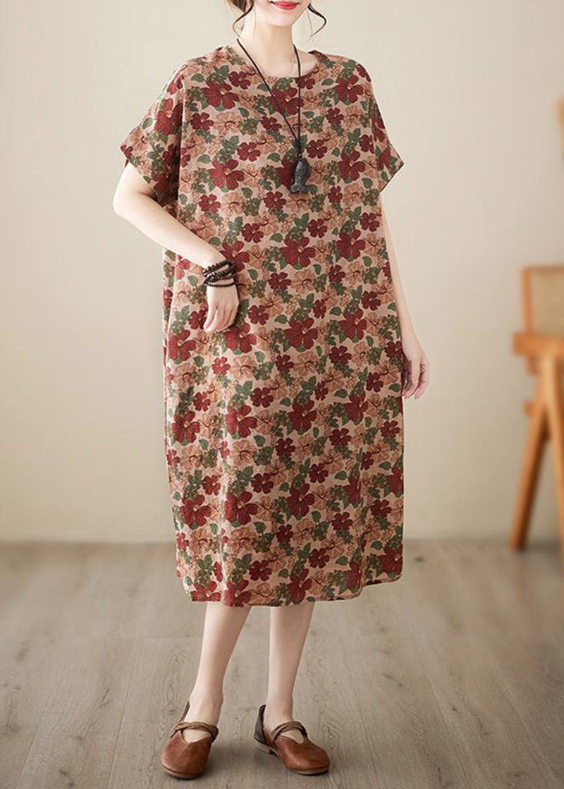 Art Coffee O-neck Print Cotton Dresses Short Sleeve