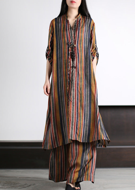 Art Coffee V Neck Striped Patchwork Silk Maxi Shirts and Wide Leg Pants Two Piece Set Spring