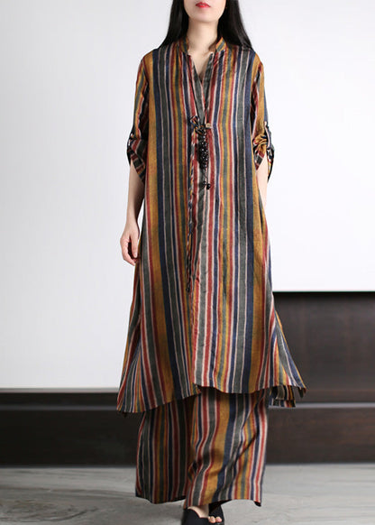 Art Coffee V Neck Striped Patchwork Silk Maxi Shirts and Wide Leg Pants Two Piece Set Spring