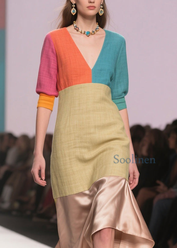 Art Colorblock Asymmetrical Design Patchwork Linen Silk Dress Summer