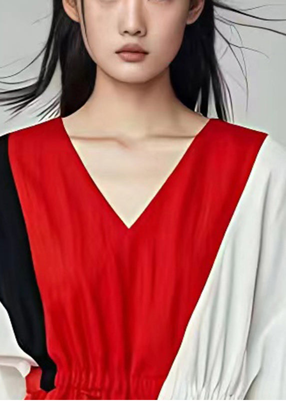 Art Colorblock Asymmetrical Patchwork Cotton Cinched Shirt Summer