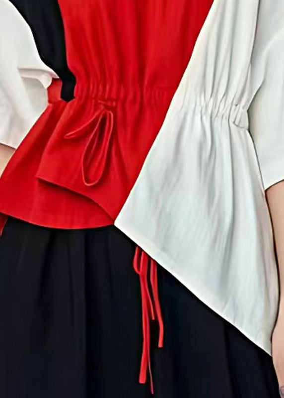 Art Colorblock Asymmetrical Patchwork Cotton Cinched Shirt Summer