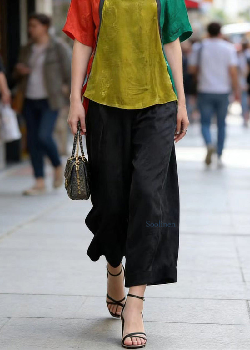 Art Colorblock Jacquard Top and Crop Pants Silk Two Pieces Set Summer