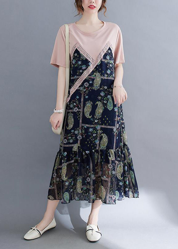 Art Colorblock O-neck Patchwork Ruffles Cotton Dresses Summer
