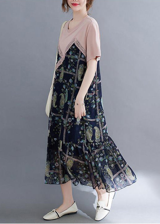 Art Colorblock O-neck Patchwork Ruffles Cotton Dresses Summer