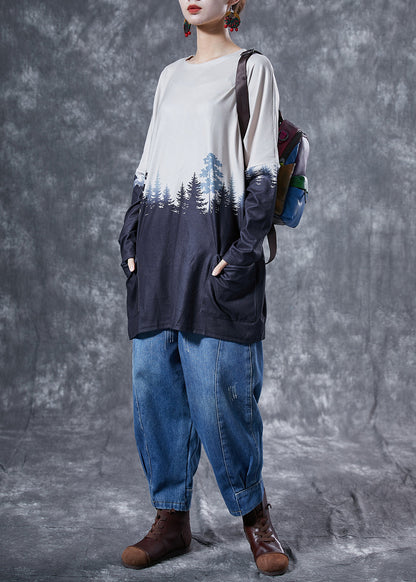 Art Colorblock Oversized Print Pockets Cotton Tops Spring