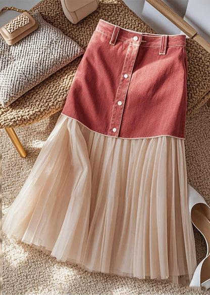 Art Colorblock Patchwork Button High Waist Maxi Skirt Spring