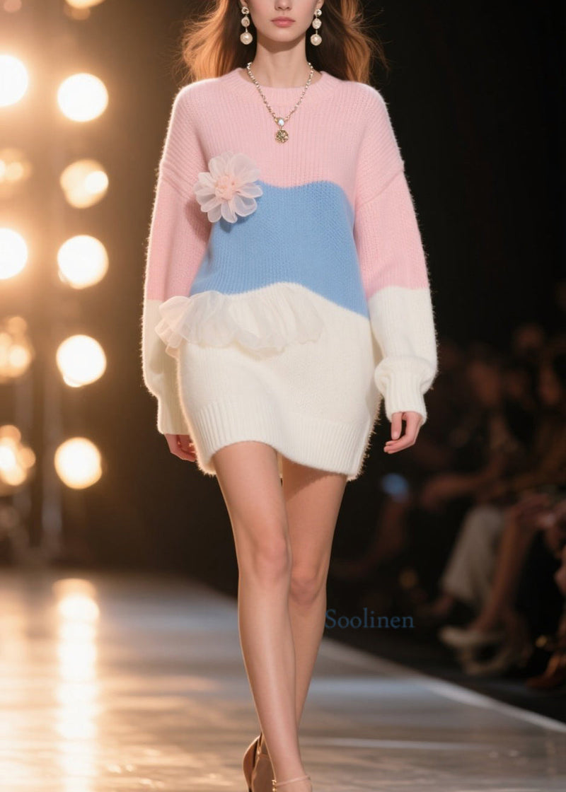 Art Colorblock Ruffled Knit Sweater Dress Winter