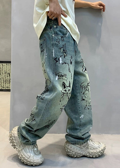 Art Denim Blue High Wais Print Pants