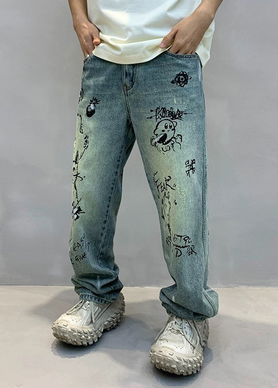 Art Denim Blue High Wais Print Pants