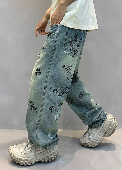 Art Denim Blue High Wais Print Pants
