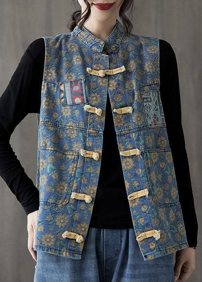 Art Denim Blue Stand Collar Print Pocket Cotton Vest Tops Sleeveless