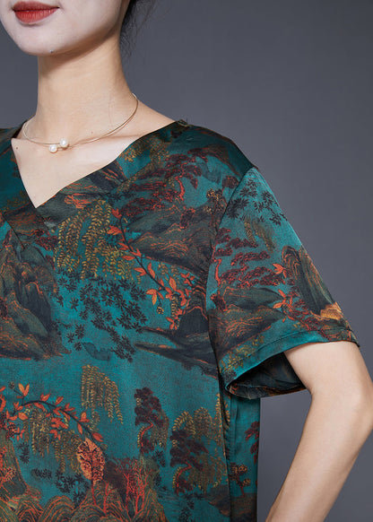 Art Dull Green V Neck Landscape Painting Silk Dress Summer