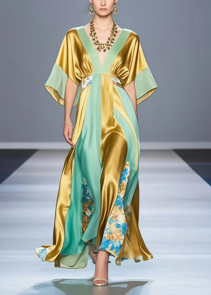 Art Golden V Neck Patchwork Print Silk Long Dresses Summer