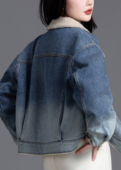 Art Gradient Blue Peter Pan Collar Fleece Wool Lined Denim Coats Winter