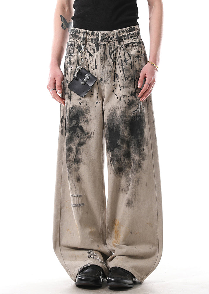 Art Graffiti Pockets High Waist Denim Wide Leg Pants Fall