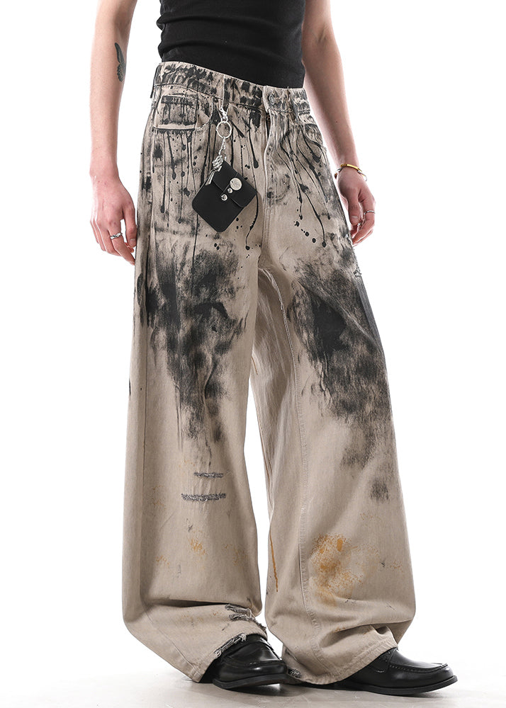 Art Graffiti Pockets High Waist Denim Wide Leg Pants Fall