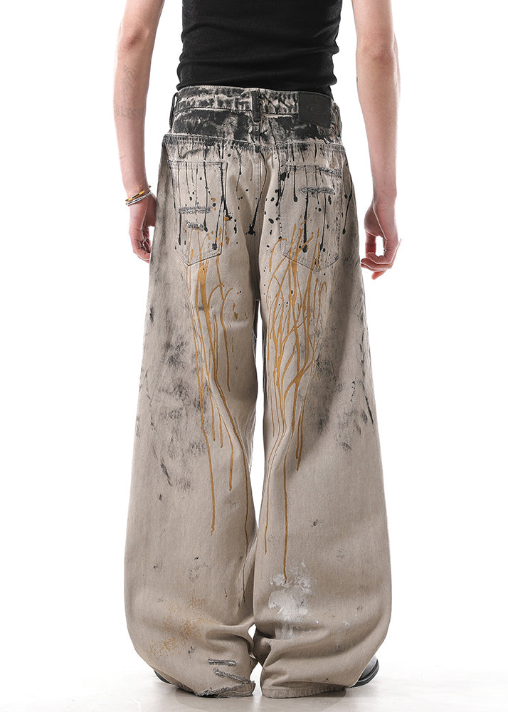 Art Graffiti Pockets High Waist Denim Wide Leg Pants Fall