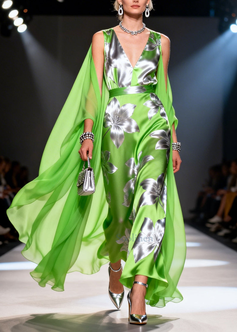 Art Grass Green Print Patchwork Chiffon Robe Dresses Summer