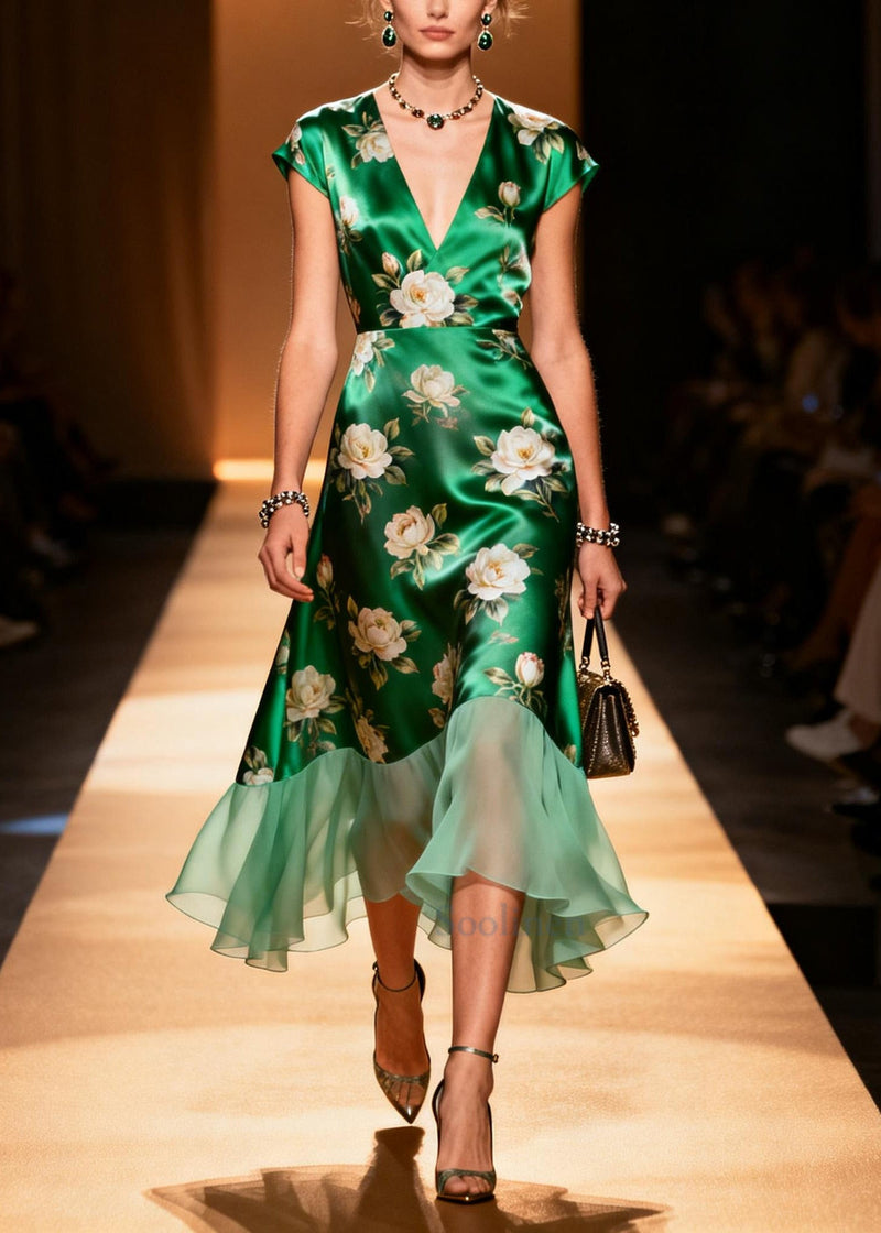 Art Grass Green V Neck Patchwork Flower Print Silk Party Dress Summer
