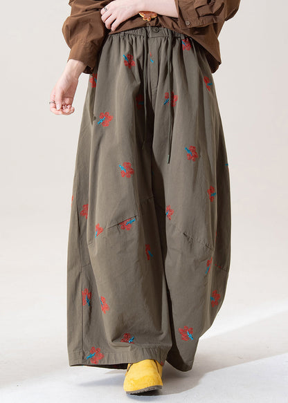 Art Green Embroidered Elastic Waist Cotton Wide Leg Pants Spring