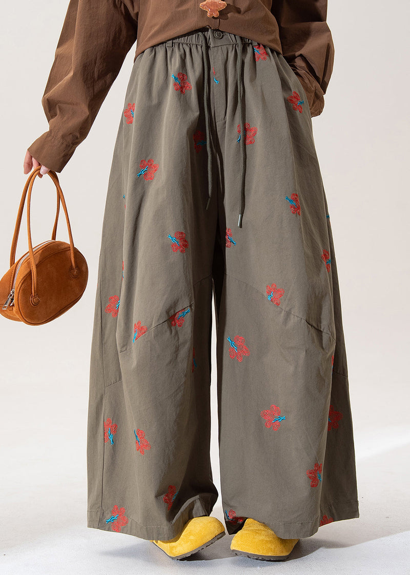 Art Green Embroidered Elastic Waist Cotton Wide Leg Pants Spring
