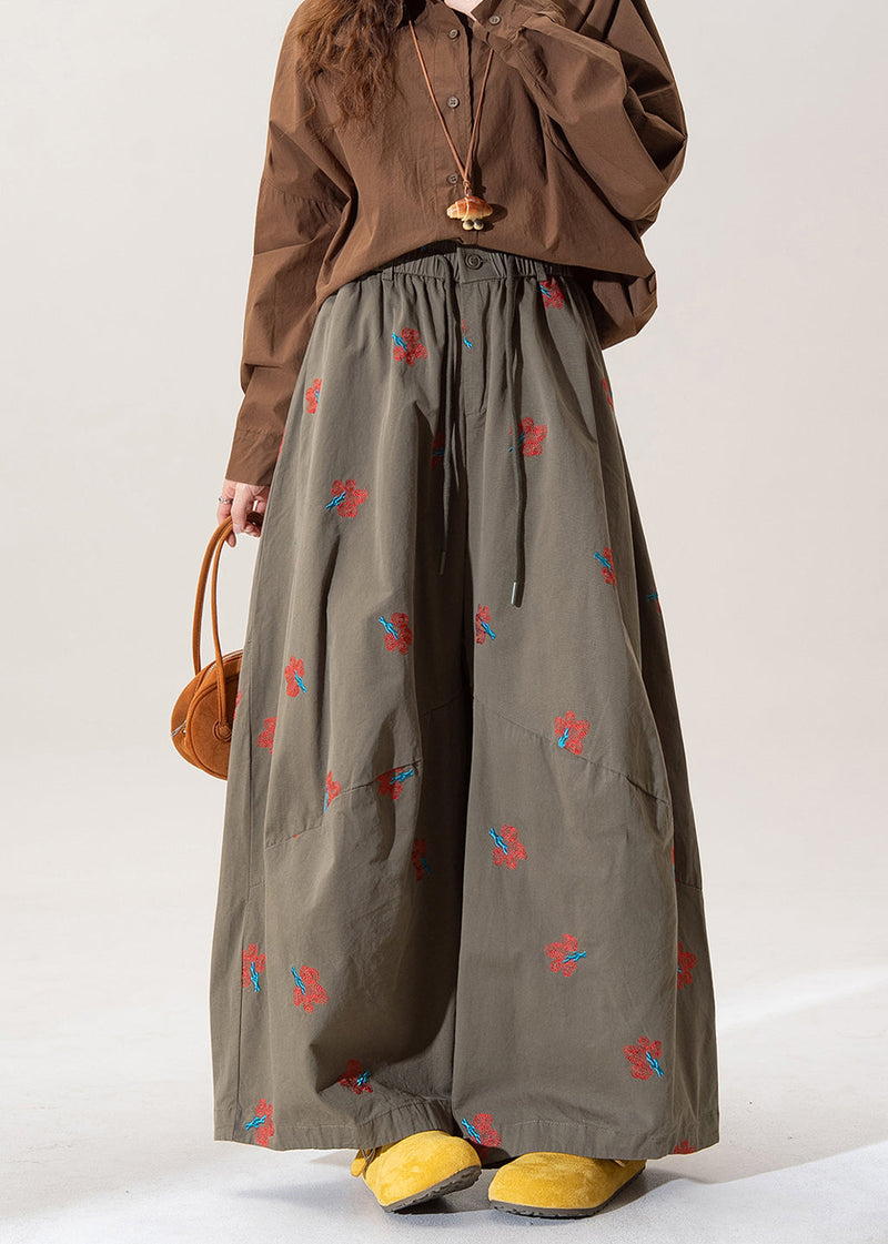 Art Green Embroidered Elastic Waist Cotton Wide Leg Pants Spring