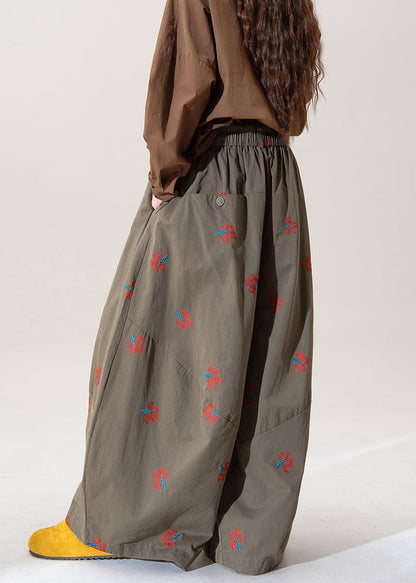 Art Green Embroidered Elastic Waist Cotton Wide Leg Pants Spring