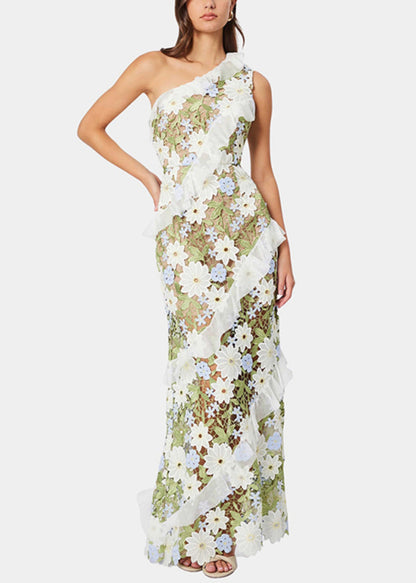 Art Green Embroidered Ruffled Long Dresses Sleeveless