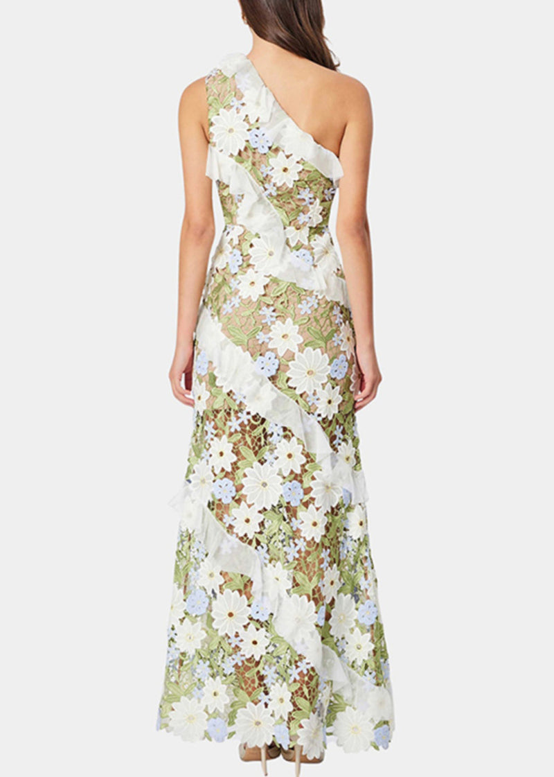 Art Green Embroidered Ruffled Long Dresses Sleeveless