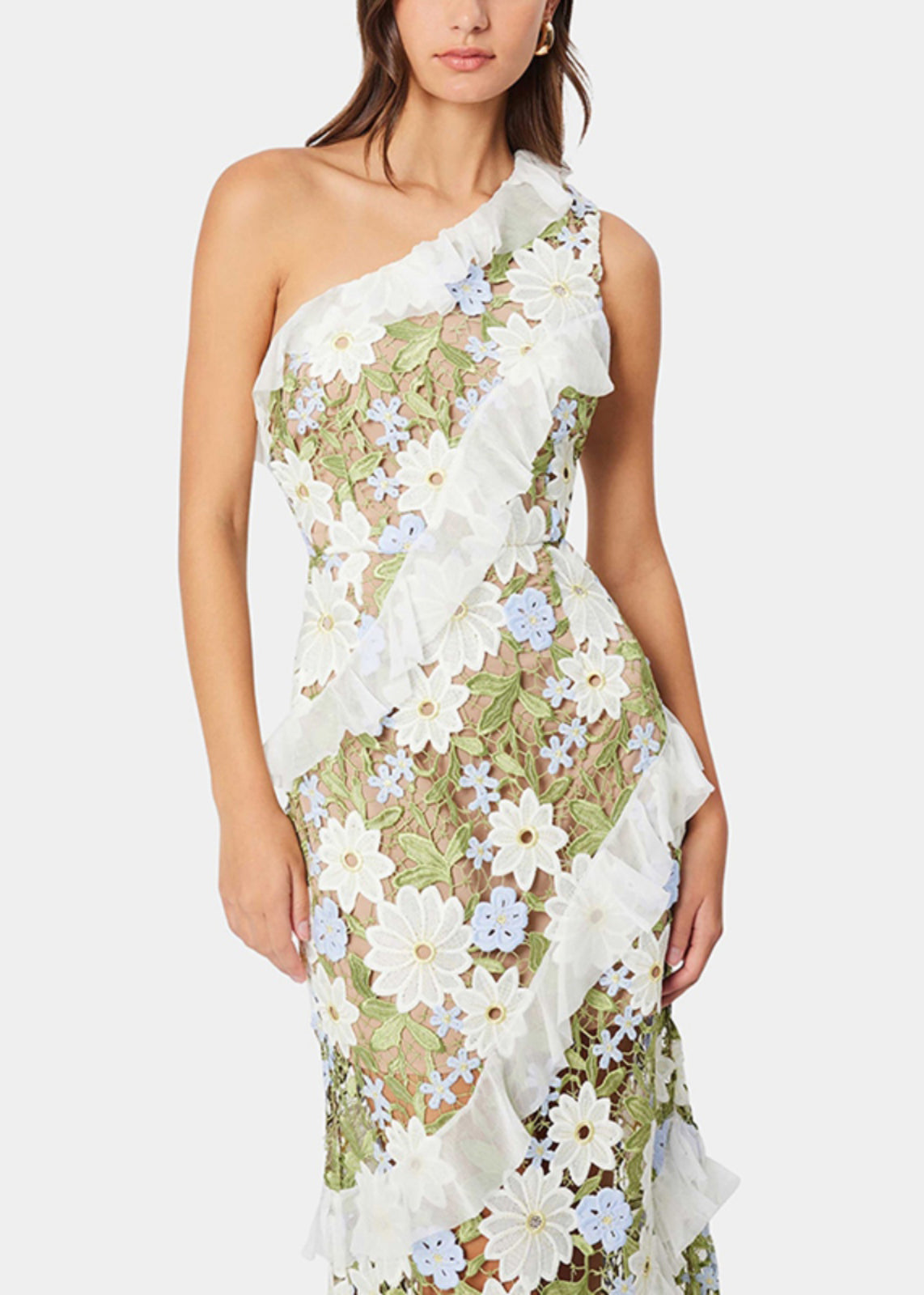 Art Green Embroidered Ruffled Long Dresses Sleeveless