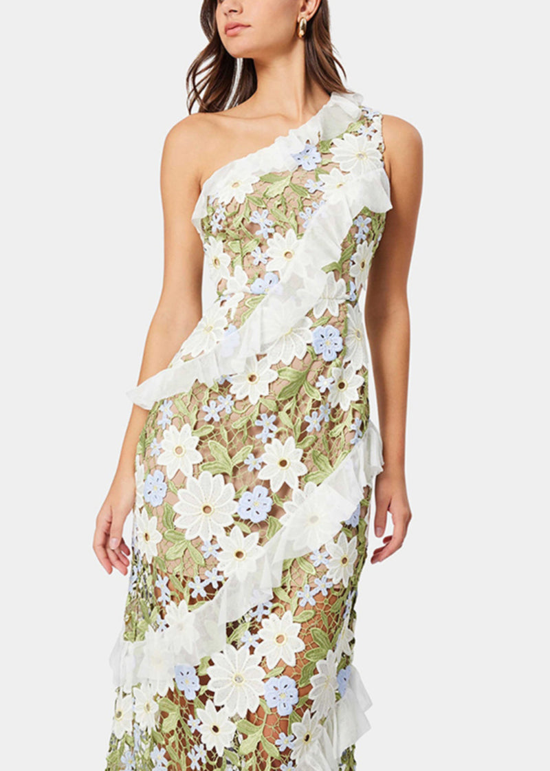 Art Green Embroidered Ruffled Long Dresses Sleeveless