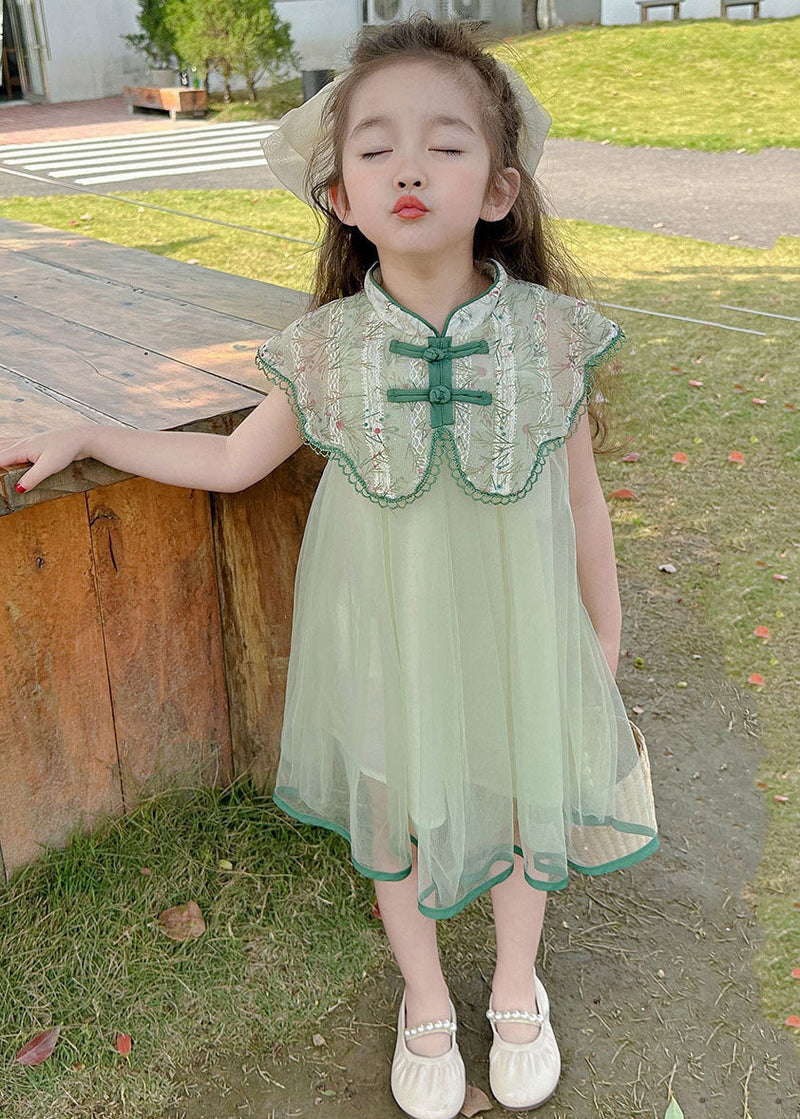 Art Green Embroideried Patchwork Button Tulle Vacation Maxi Dresses Summer