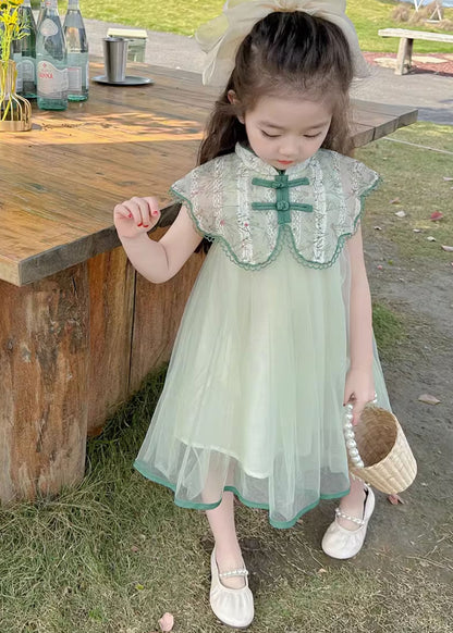 Art Green Embroideried Patchwork Button Tulle Vacation Maxi Dresses Summer