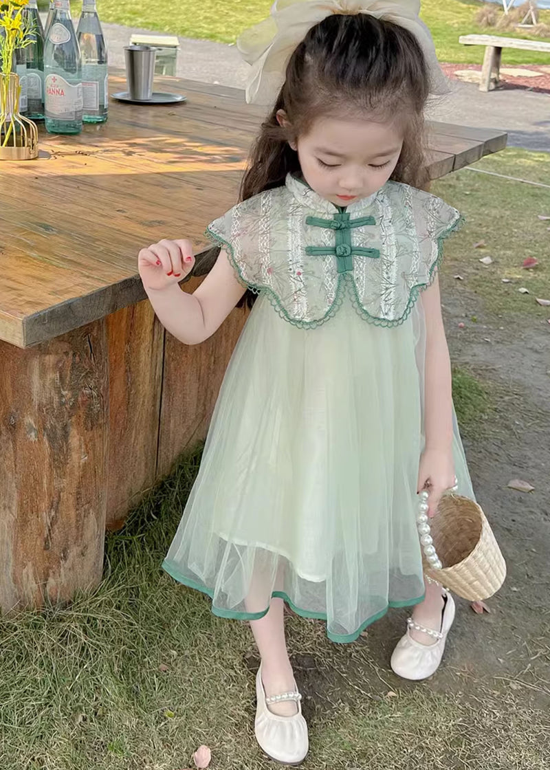 Art Green Embroideried Patchwork Button Tulle Vacation Maxi Dresses Summer