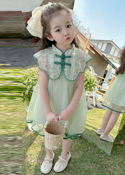 Art Green Embroideried Patchwork Button Tulle Vacation Maxi Dresses Summer