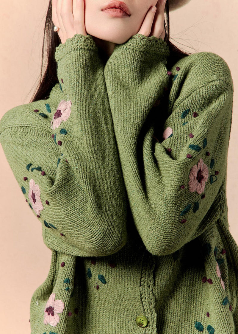 Art Green Button Knit Cardigan Winter