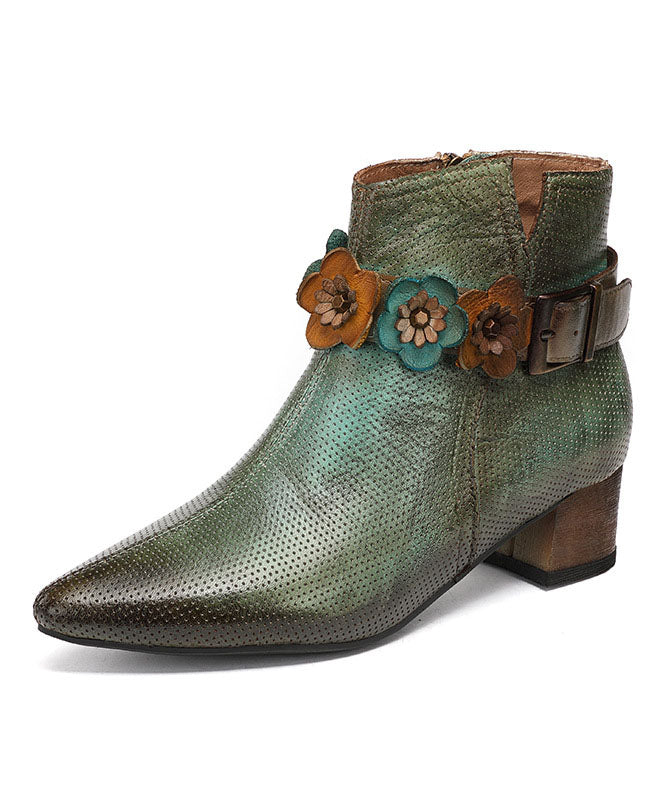Art Green Zippered Splicing Chunky Boots Pointed Toe