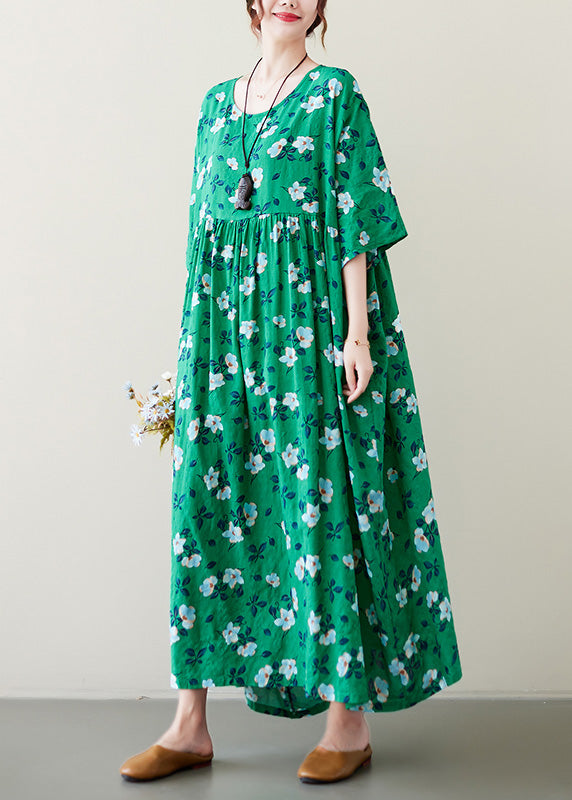 Art Green O-neck Patchwork Print Cotton Long Dresses Short Sleeve