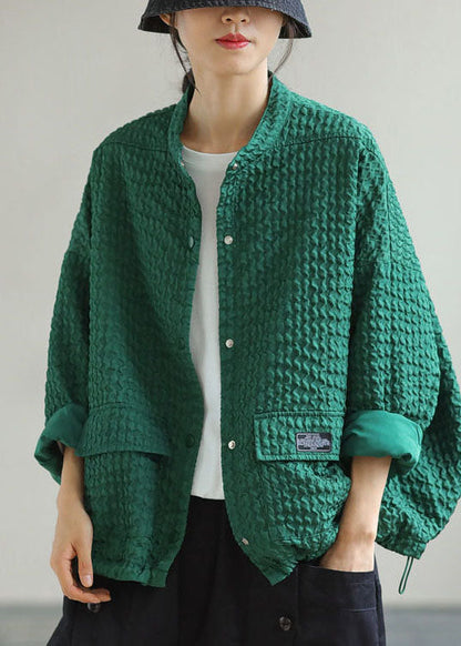 Art Green O-neck Pockets Patchwork Cotton Coats Spring