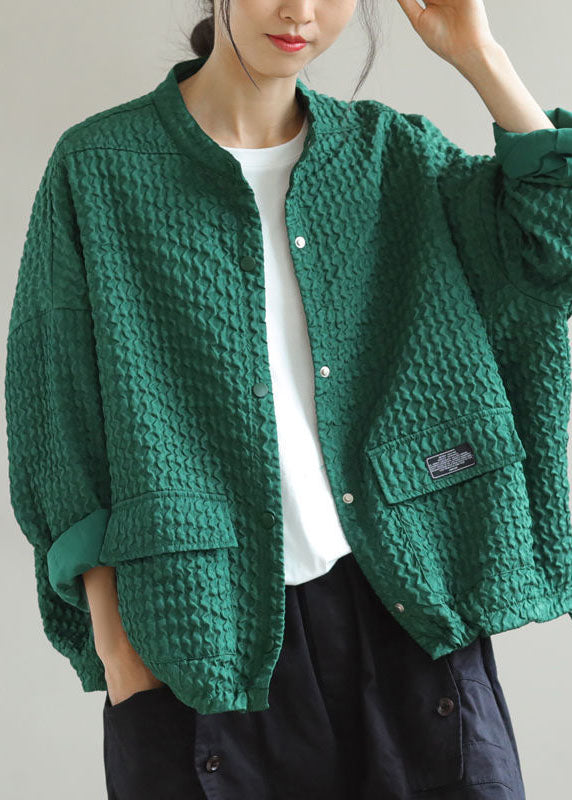 Art Green O-neck Pockets Patchwork Cotton Coats Spring
