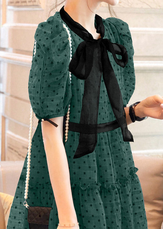 Art Green O-neck Ruffled Dot Patchwork Bow Chiffon Mid Dress Puff Sleeve